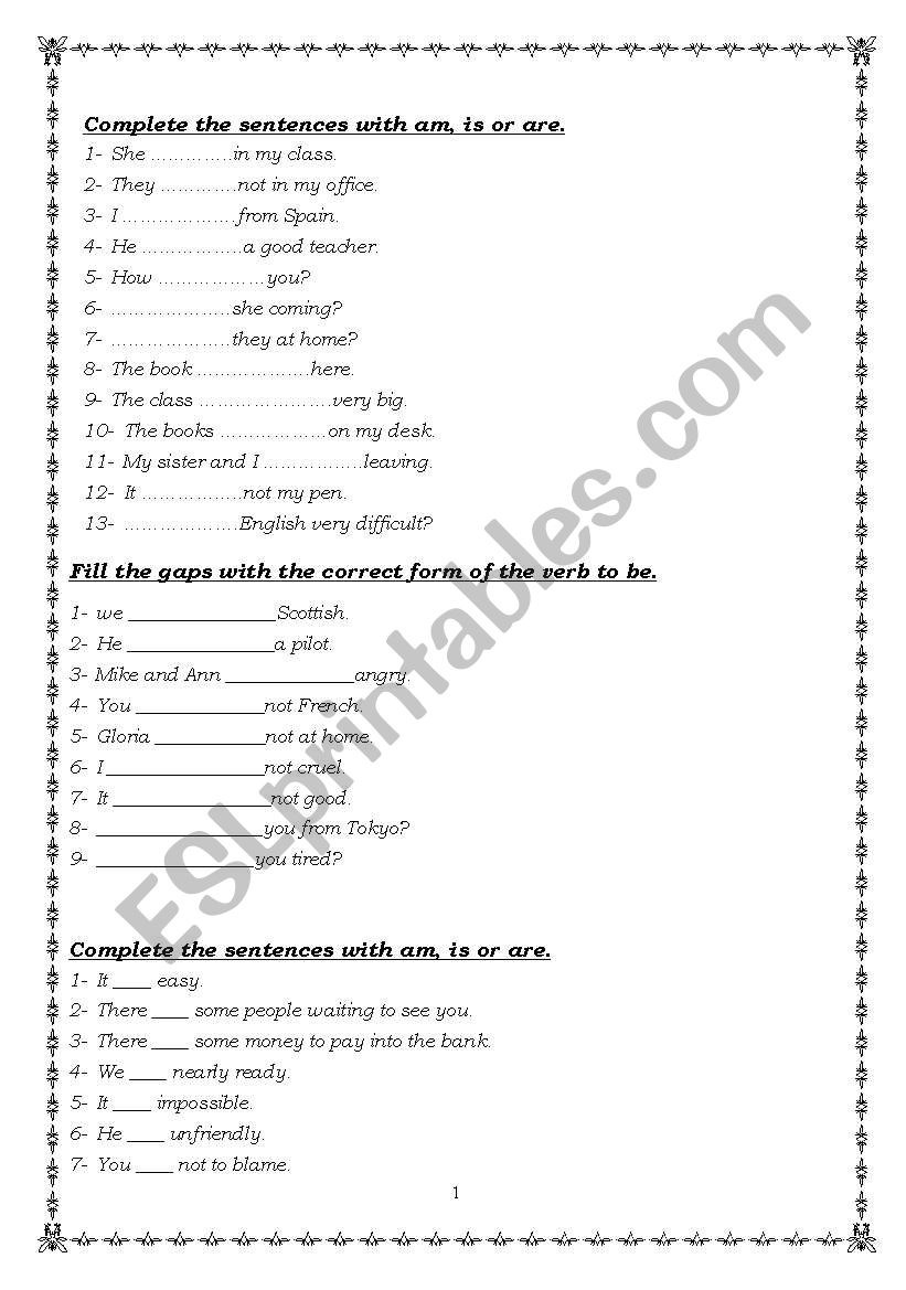 Verb to be worksheet