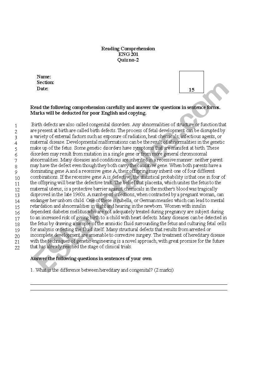 Readin passage worksheet