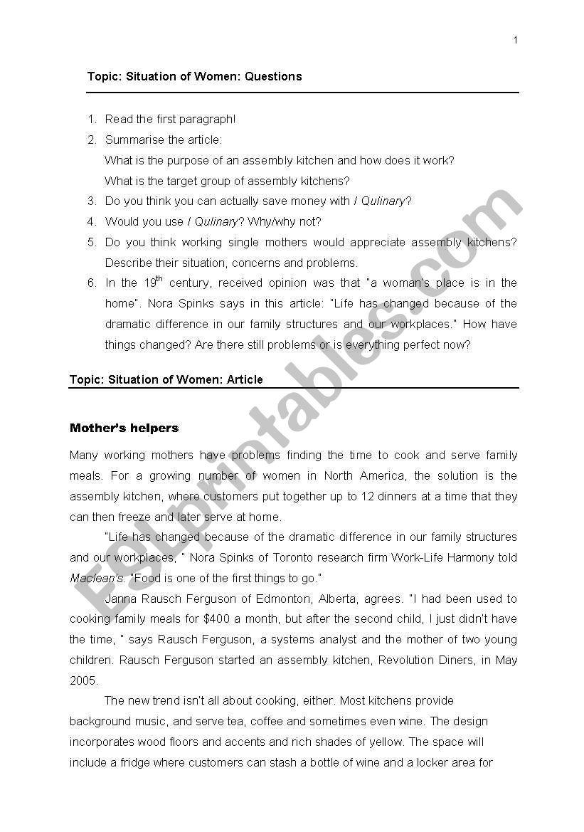 Situation of Western Women worksheet