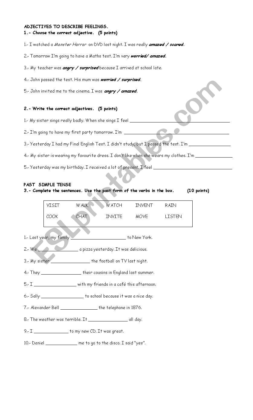 past simple, adjectives worksheet