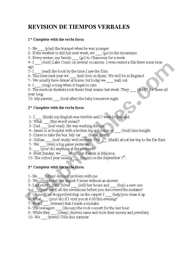 revisin tiempos verbales worksheet