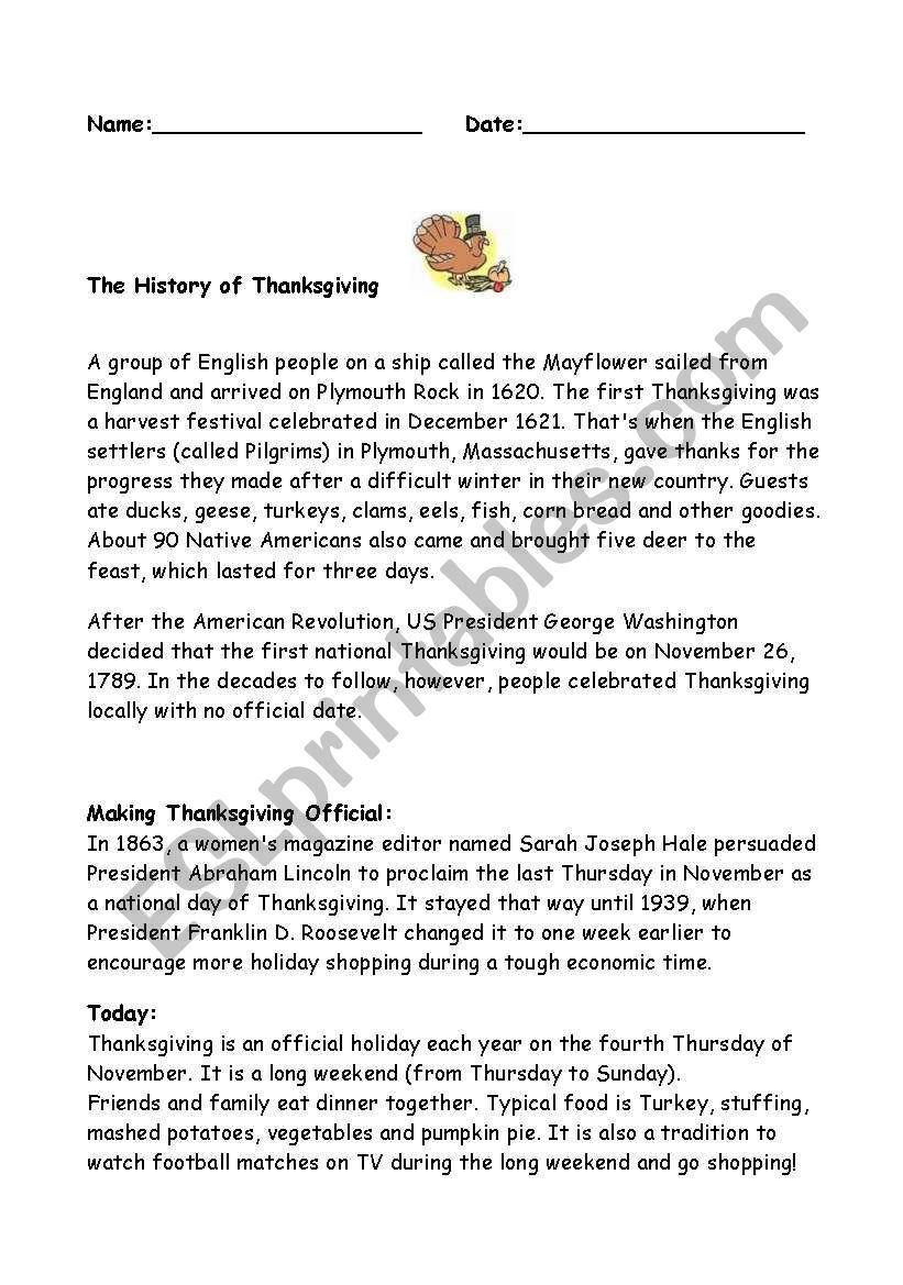 The History of Thanksgiving worksheet