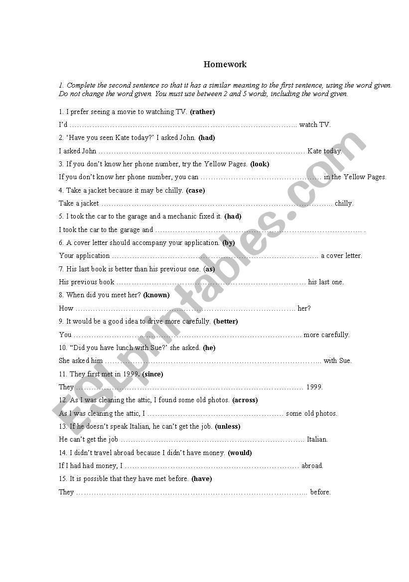 Key Word Transformation (worksheet 3)