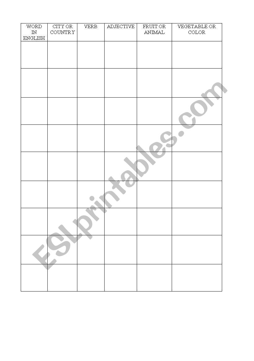 English worksheets STOP GAME