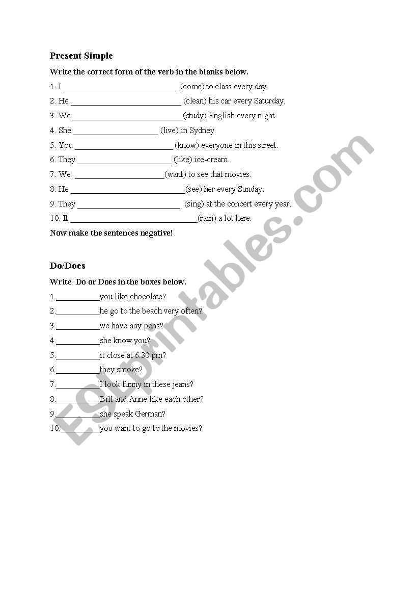 Present tenses worksheet