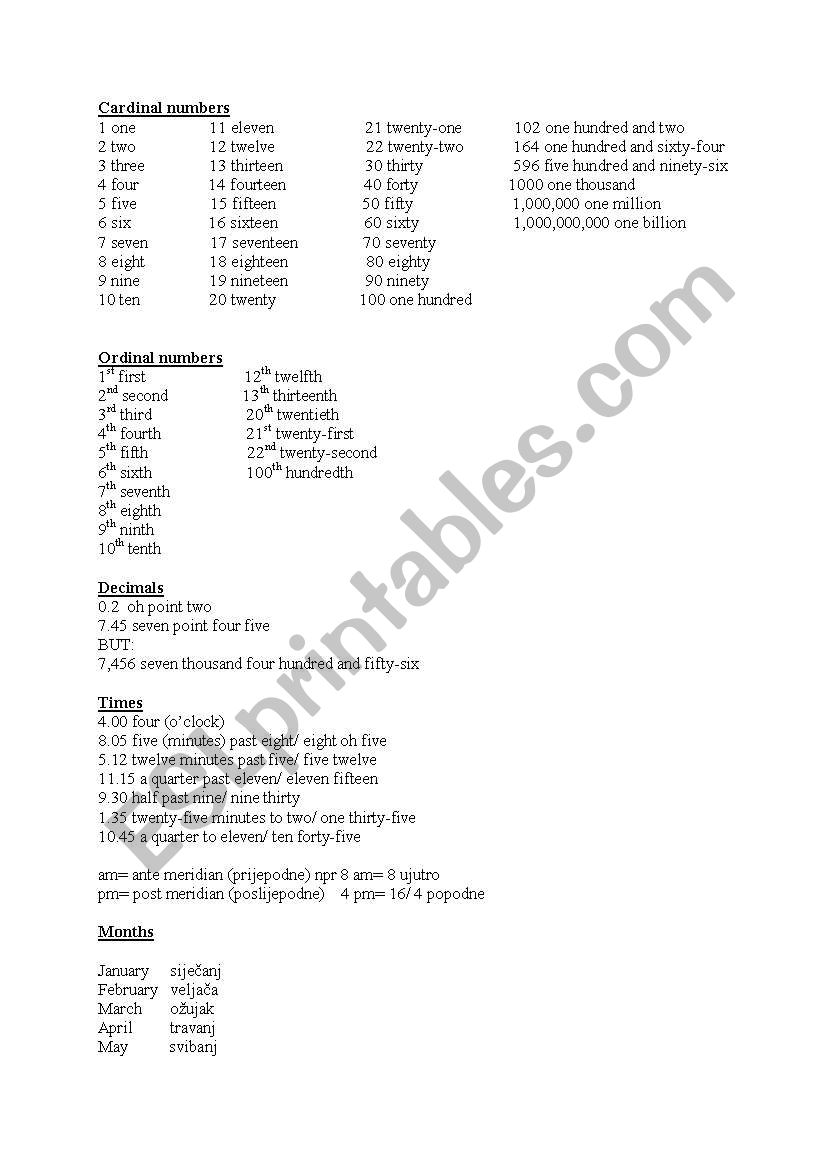 Numbers handout worksheet