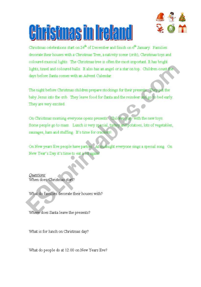 Christmas in Ireland worksheet