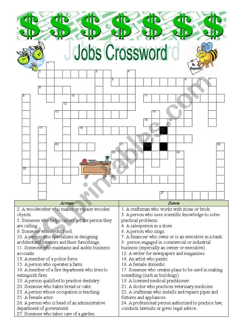 Jobs Crossword - Anwers are provided