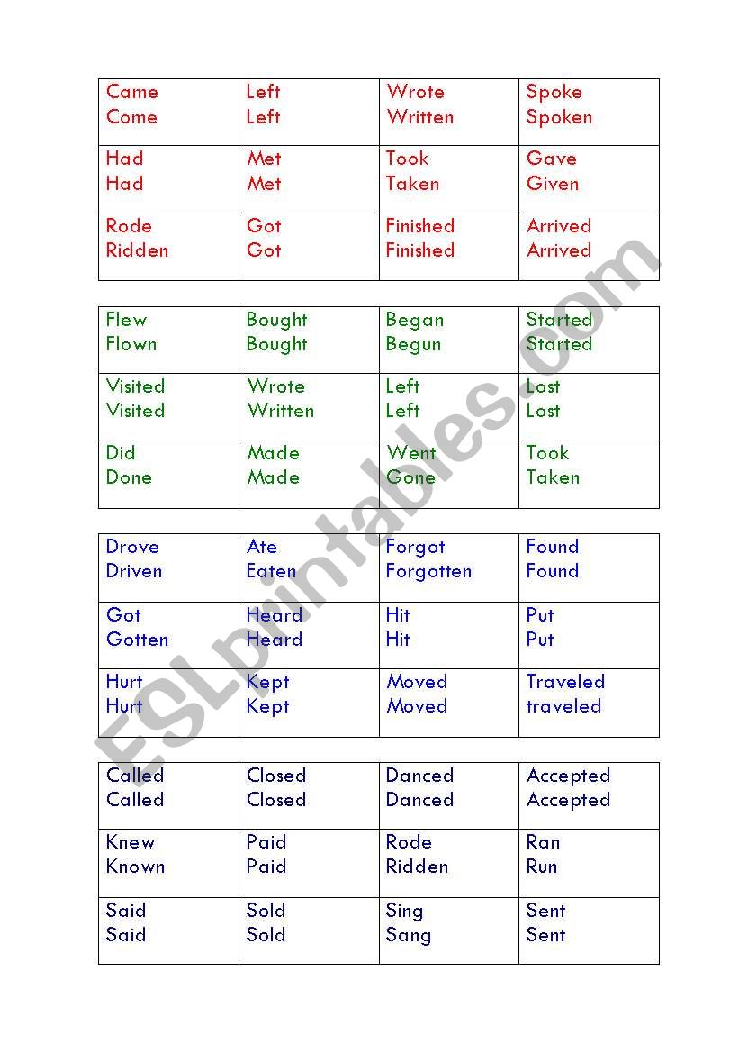 Irregular Verbs Bingo worksheet