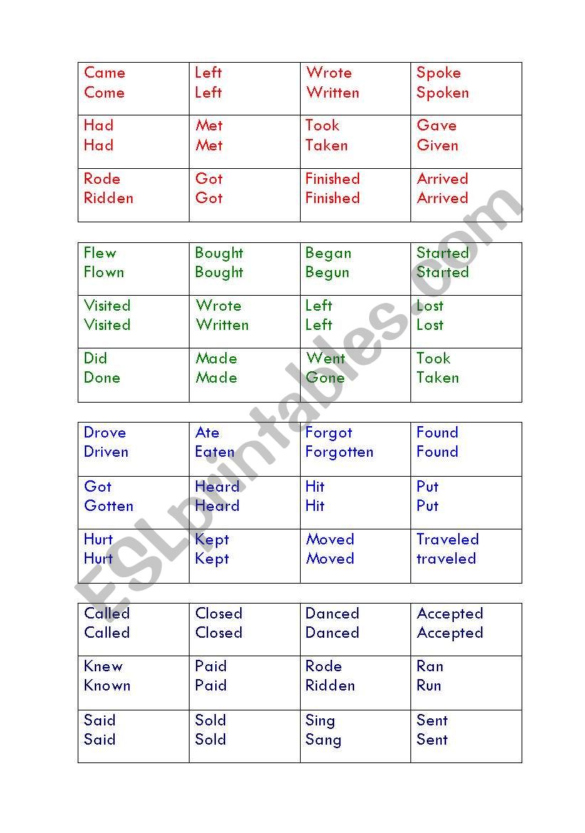 Irregular Verbs Bingo worksheet