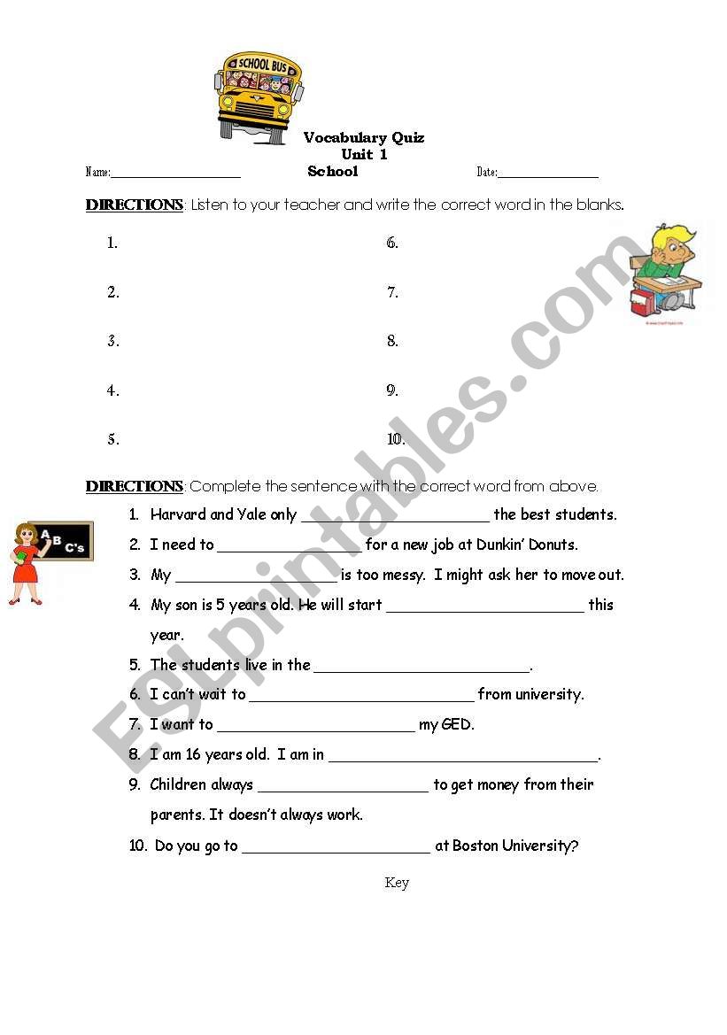 School Vocabulary Quiz with answer key