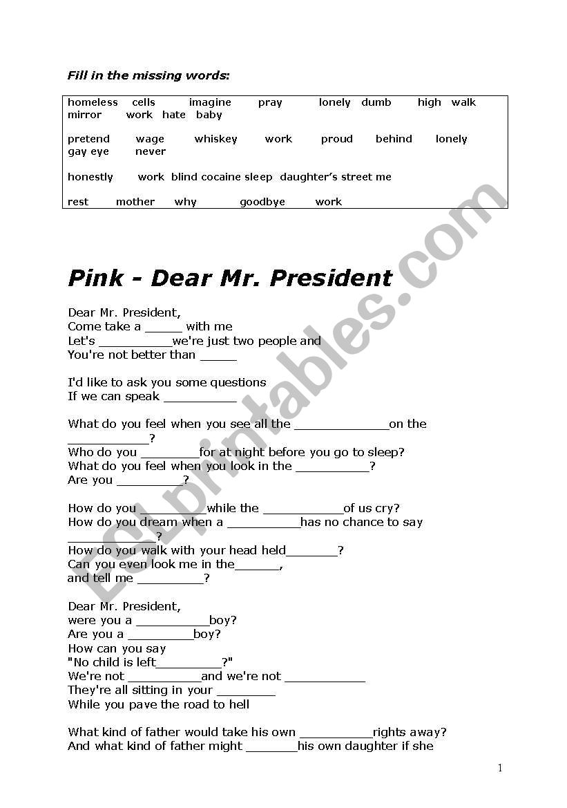 Dear Mr President - Songtext (fill in activity) and questions