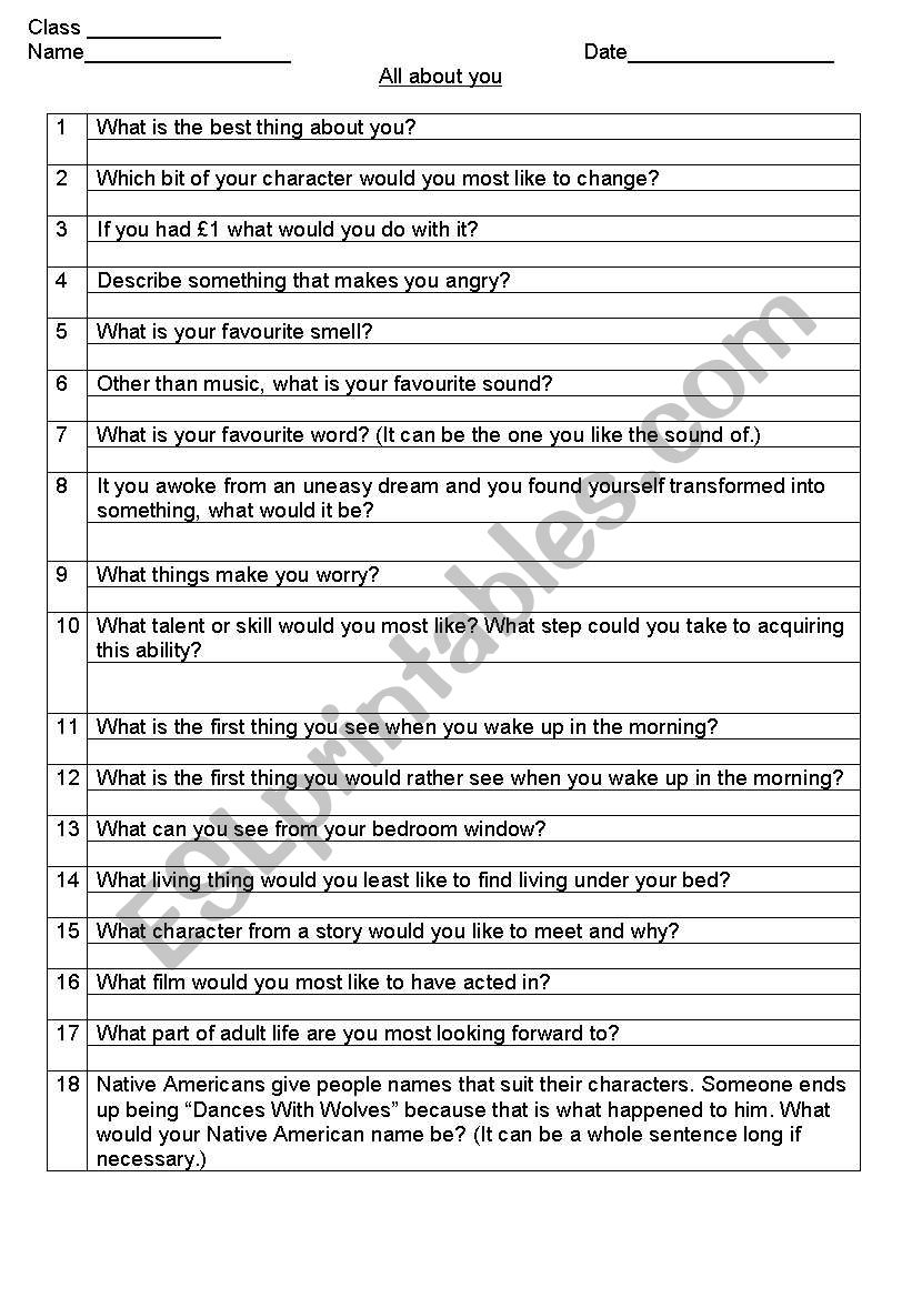 questionnaire worksheet