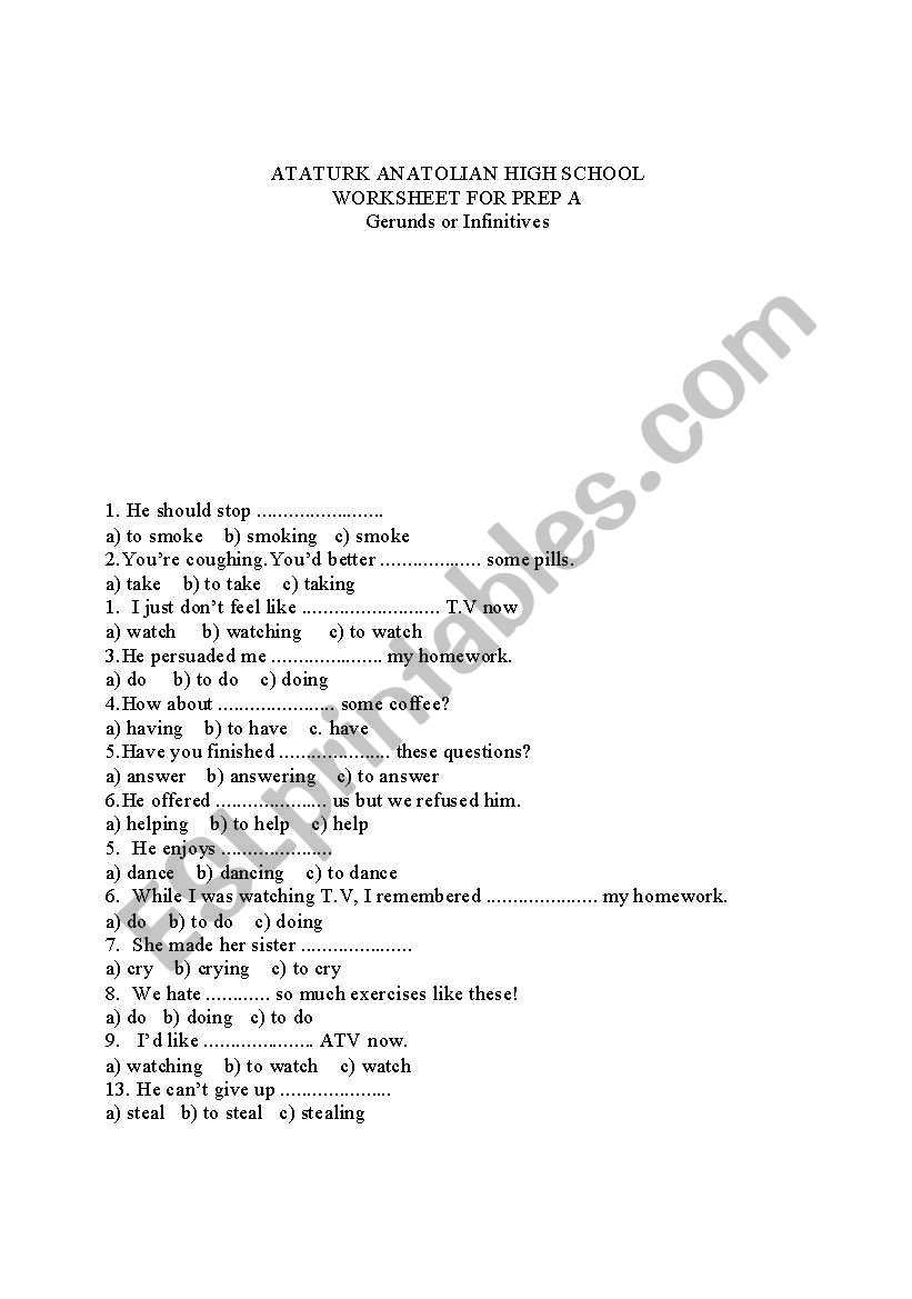 gerunds & infinitive worksheet