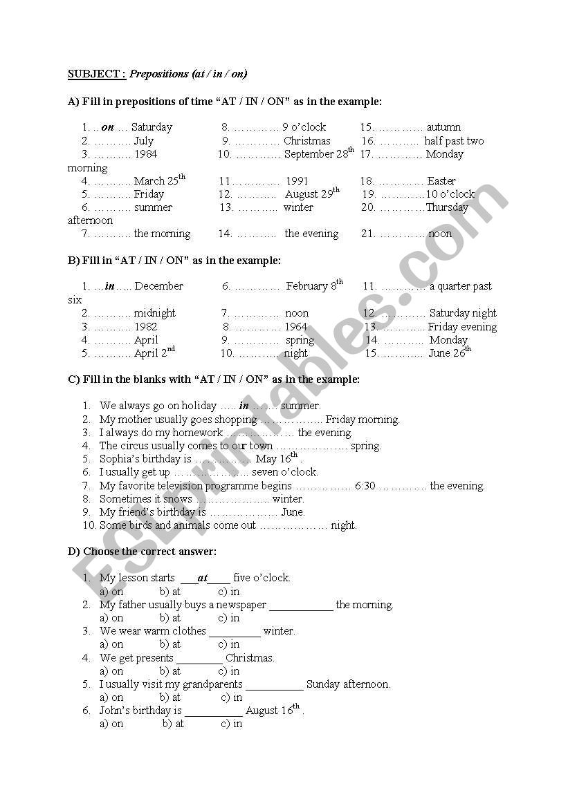 Prepositions (at / in / on) worksheet