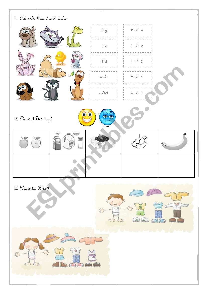 Animals, Food and Clothes worksheet