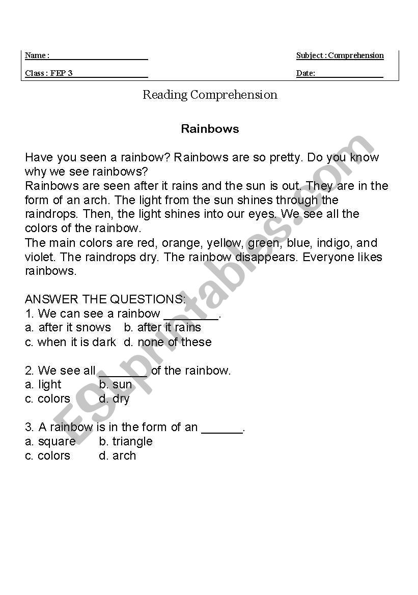 rainbows worksheet