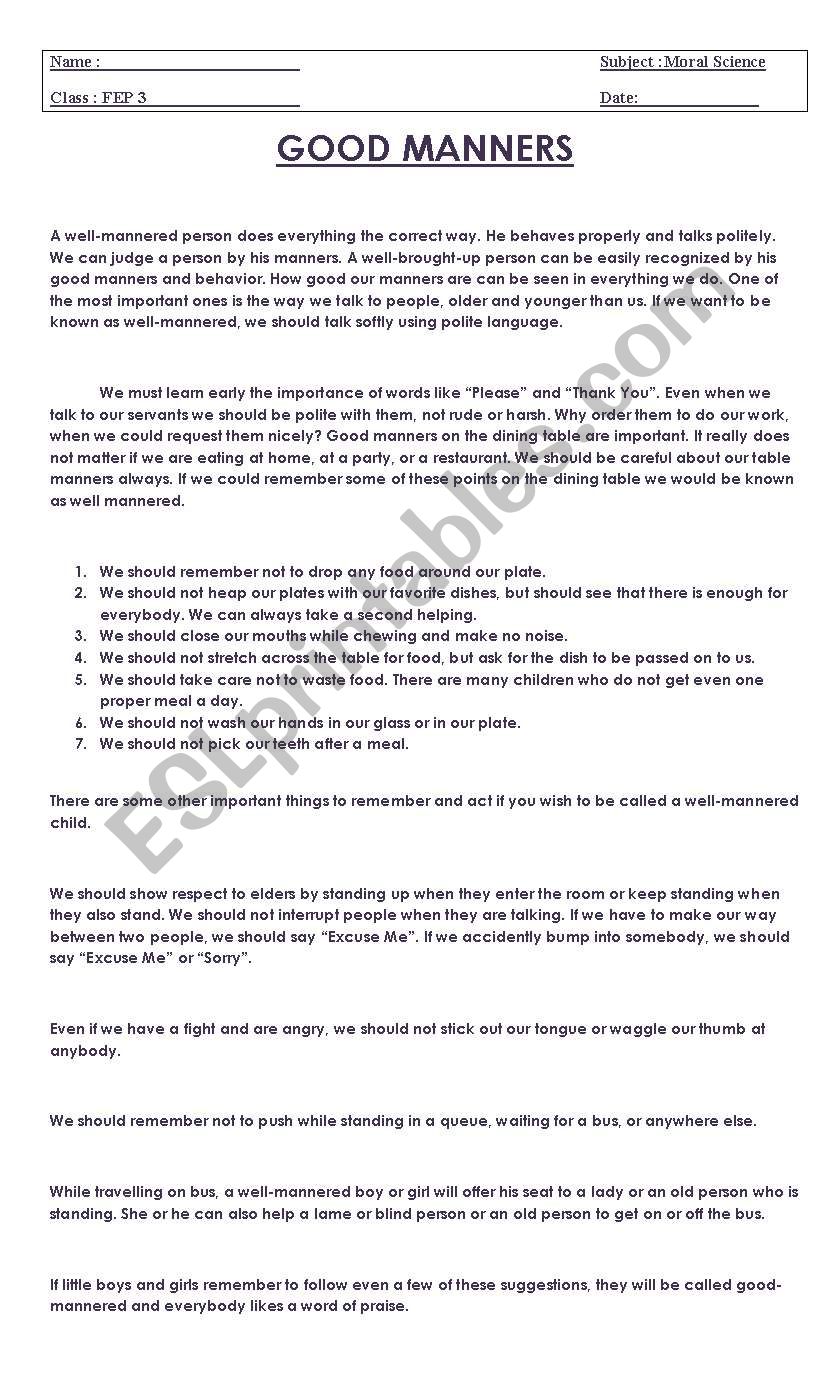 good manners worksheet