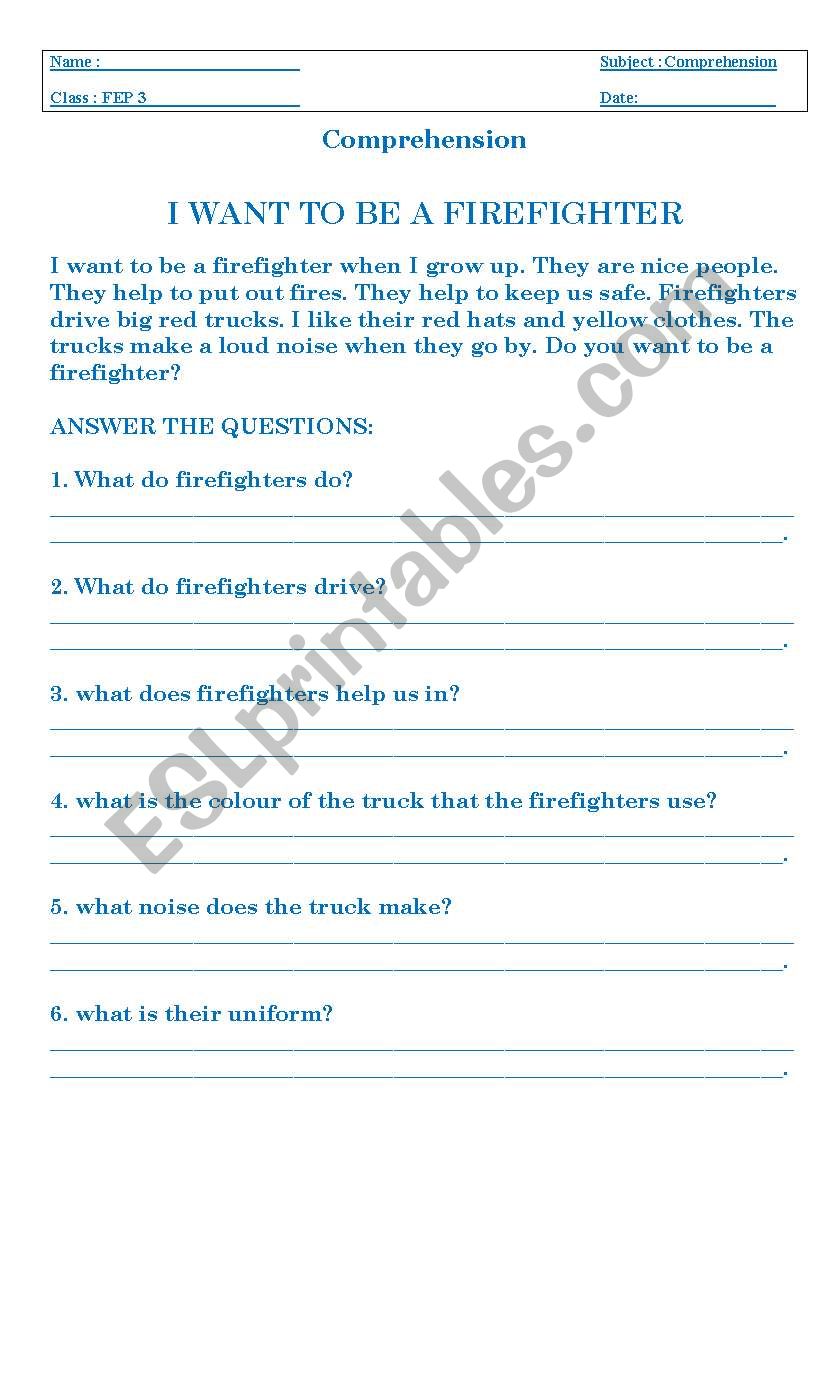 i want to be a firefighters worksheet