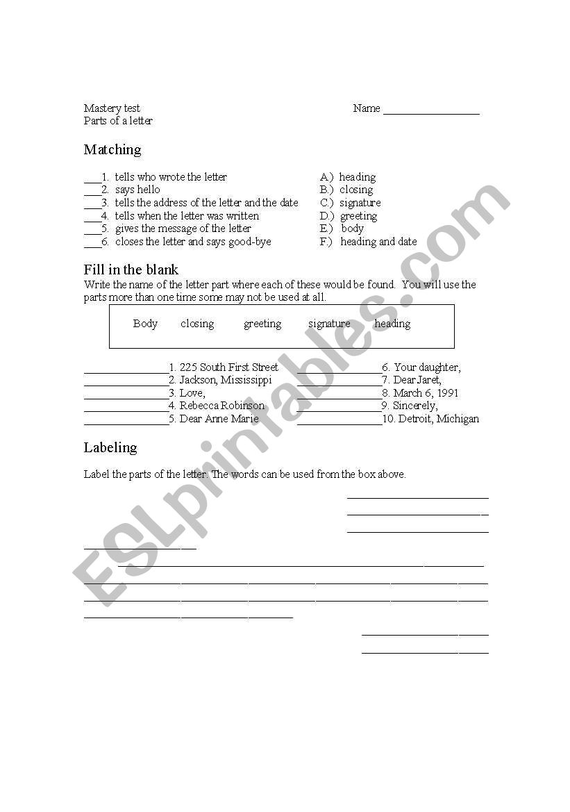 Parts of a Letter worksheet