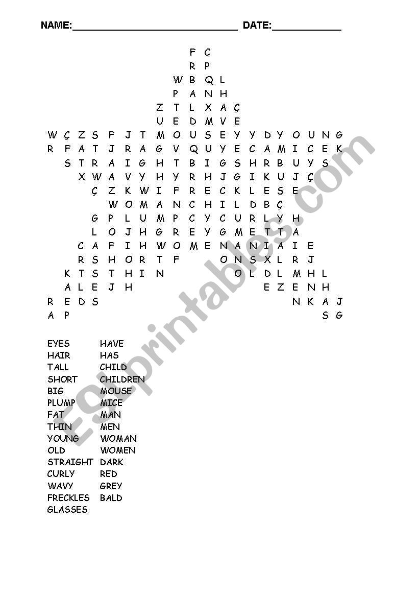 STAR WORD SEARCH VOCABULARY PHYSICAL  DESCRIPTION
