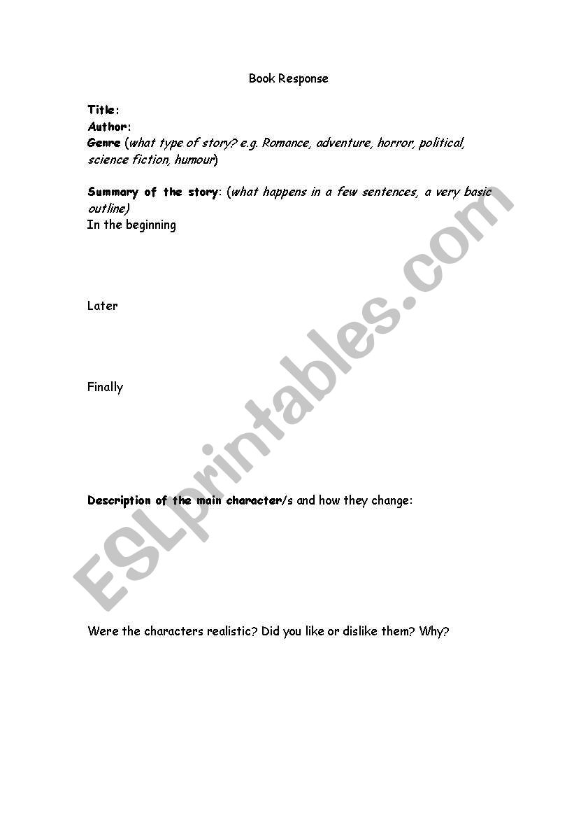 book review writing frame worksheet