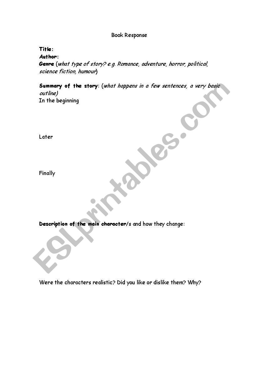 book review writing frame worksheet