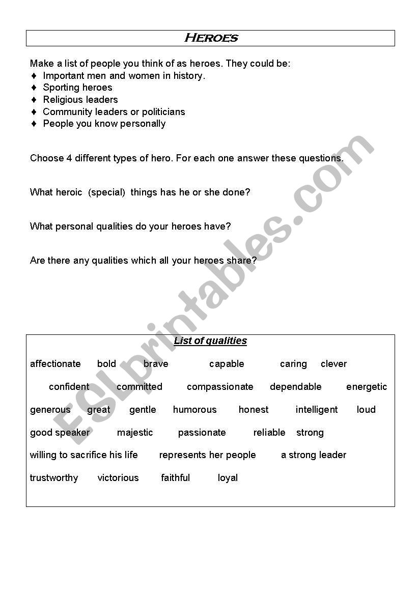 writing about your hero worksheet