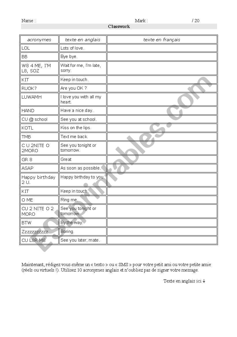 Texting classwork worksheet