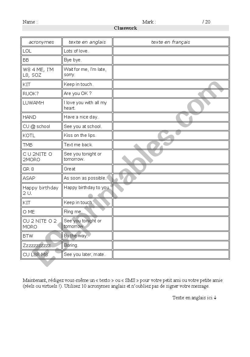 Texting classwork worksheet