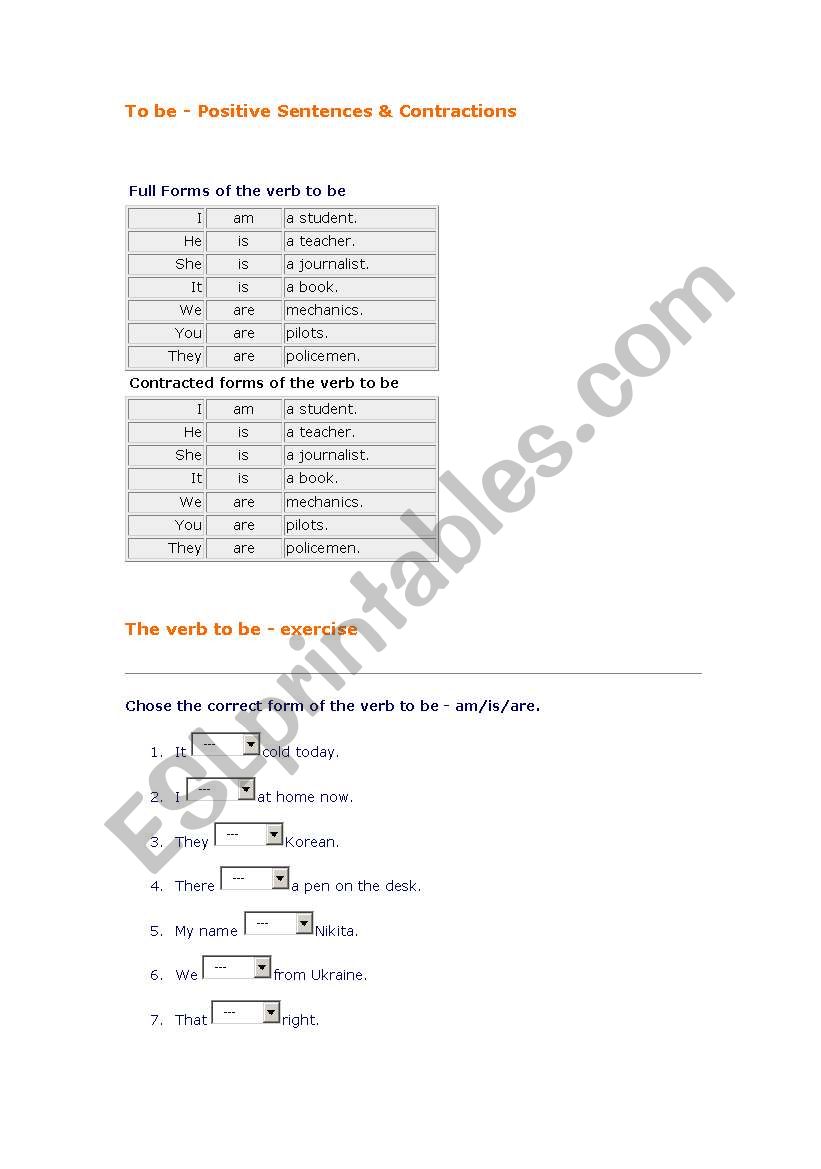 verb-to be worksheet