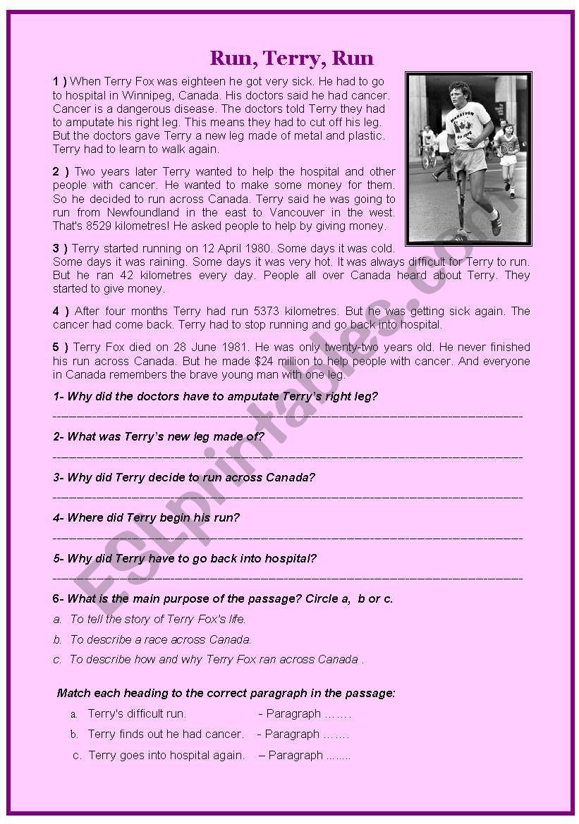 Terry Fox life story  Reading Comprehension