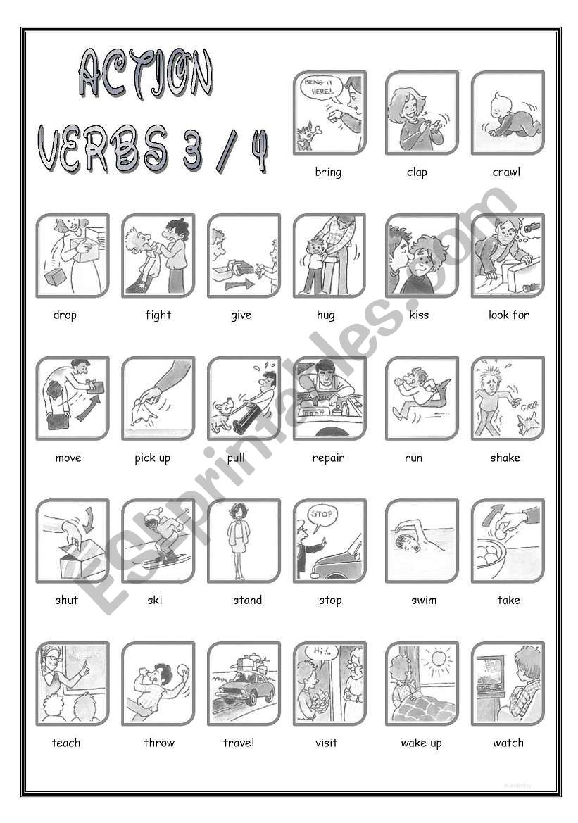 Action Verbs (B&W) 3/4 worksheet