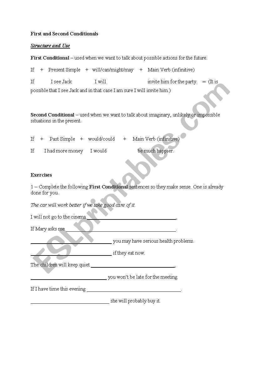 First and Second Conditionals worksheet
