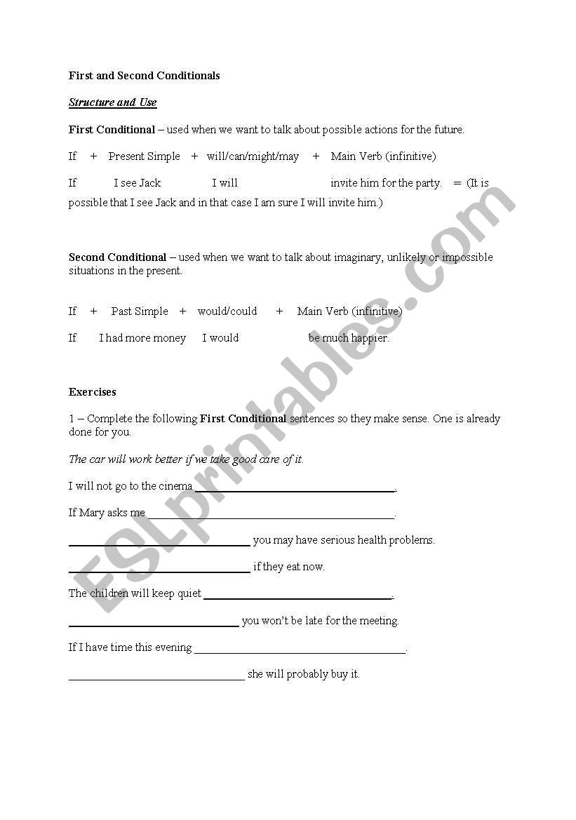 First and Second Conditionals worksheet