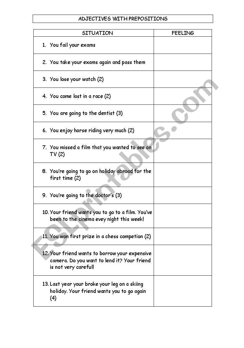 adjectives  + prepositions worksheet