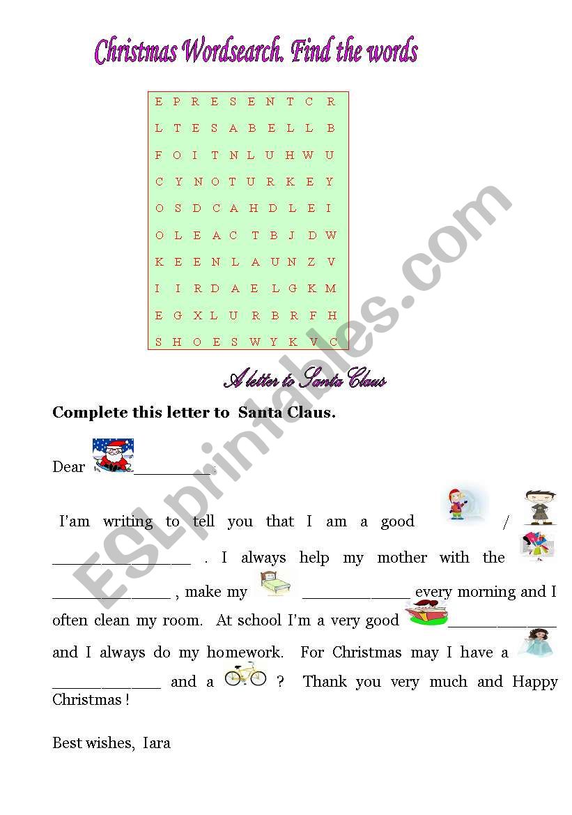 Christmas wordsearch and a letter to Santa Claus
