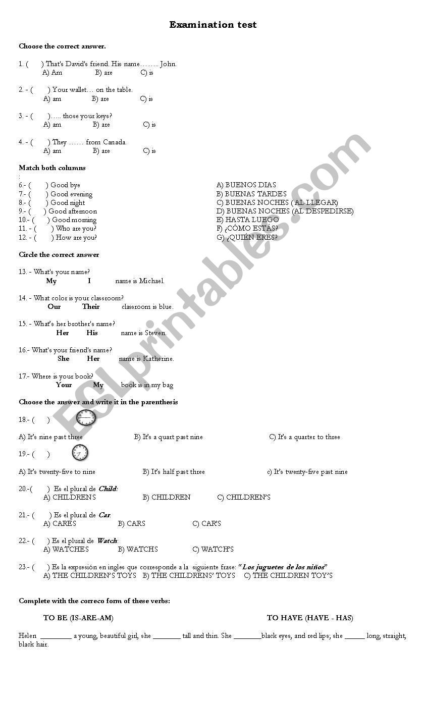 EXAMINATION TEST worksheet