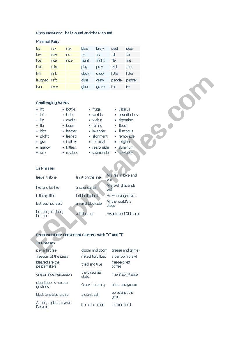 l and r worksheet