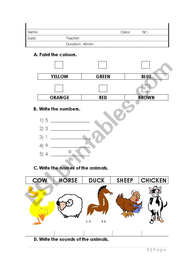 Numbers Colours and Animals worksheet