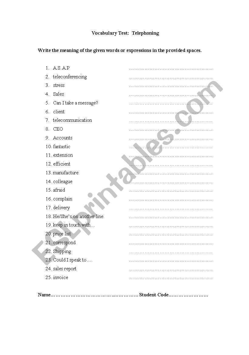 Vocabulary Test: Telephoning worksheet