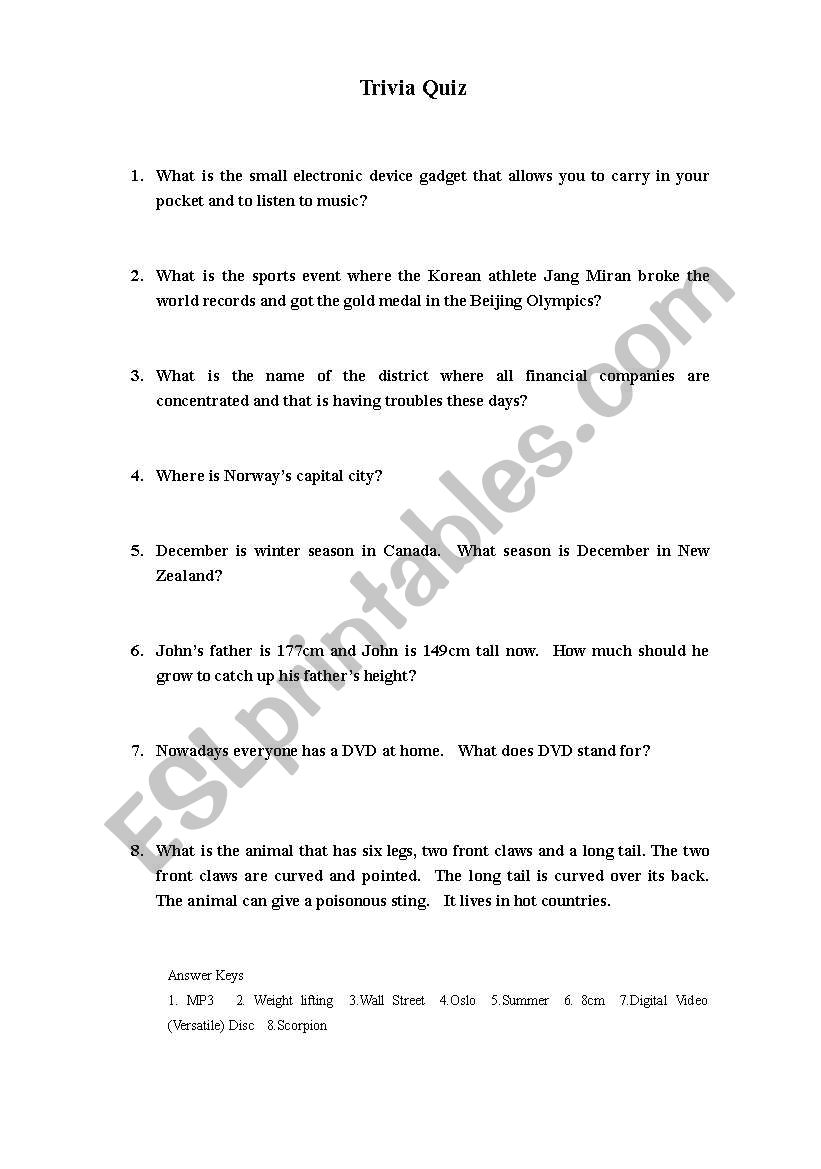 Trivia Quiz worksheet