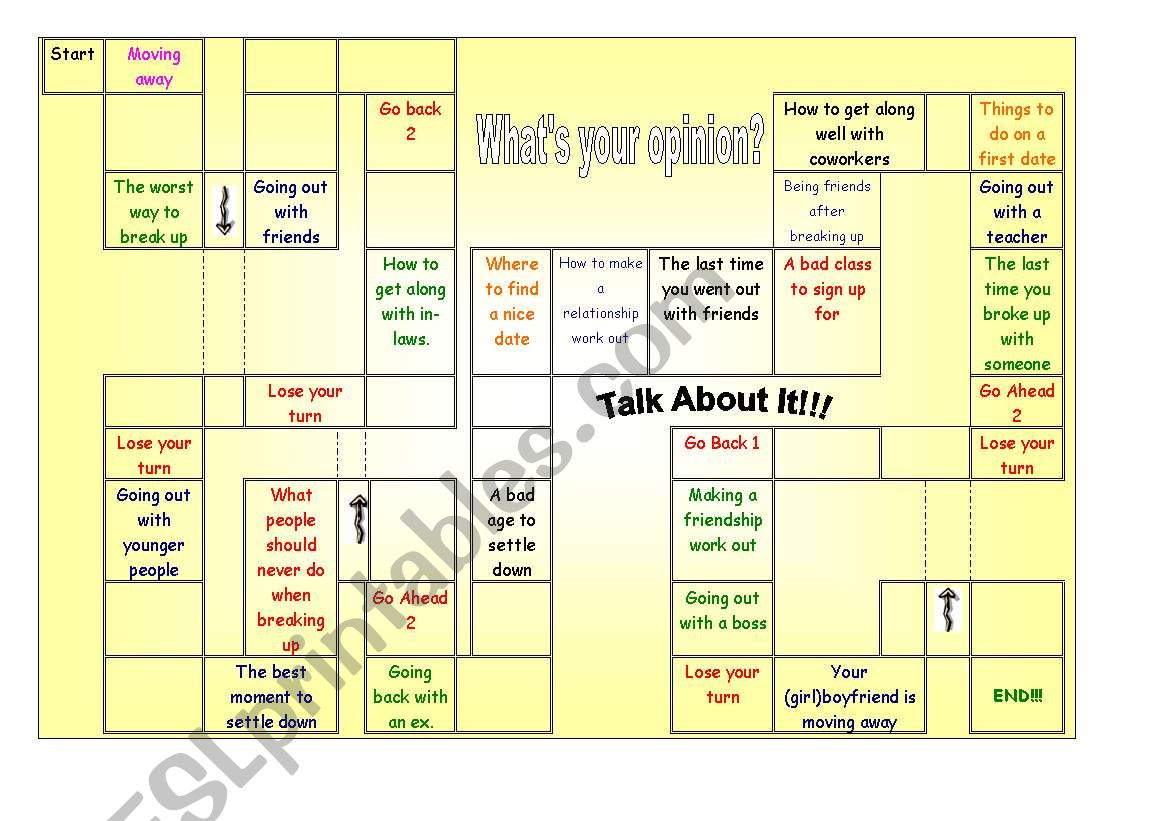 Relationships boardgame worksheet