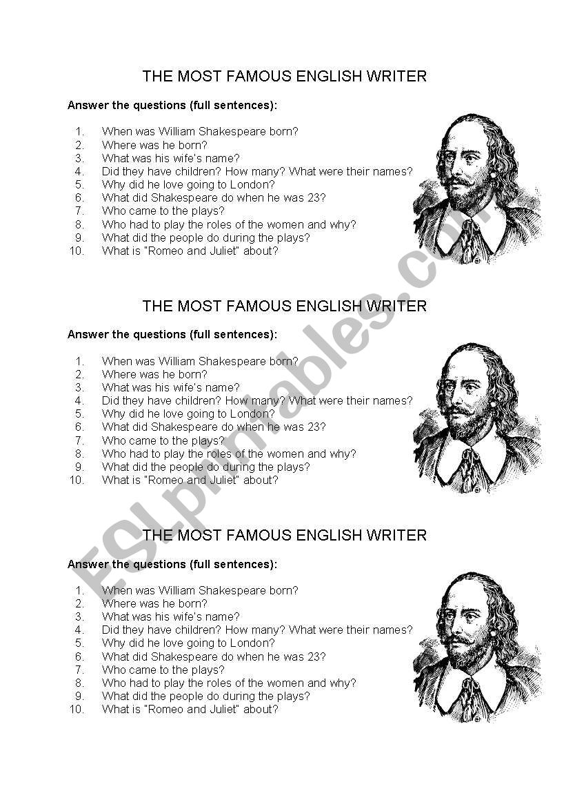 Questions about Shakespeare worksheet