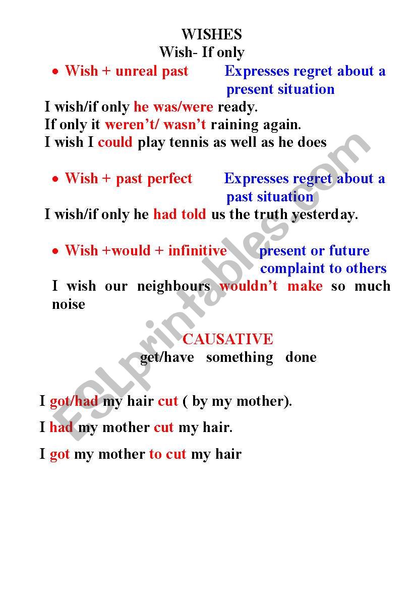wishes and causative worksheet