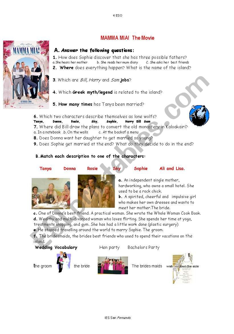 Mamma Mia the movie worksheet