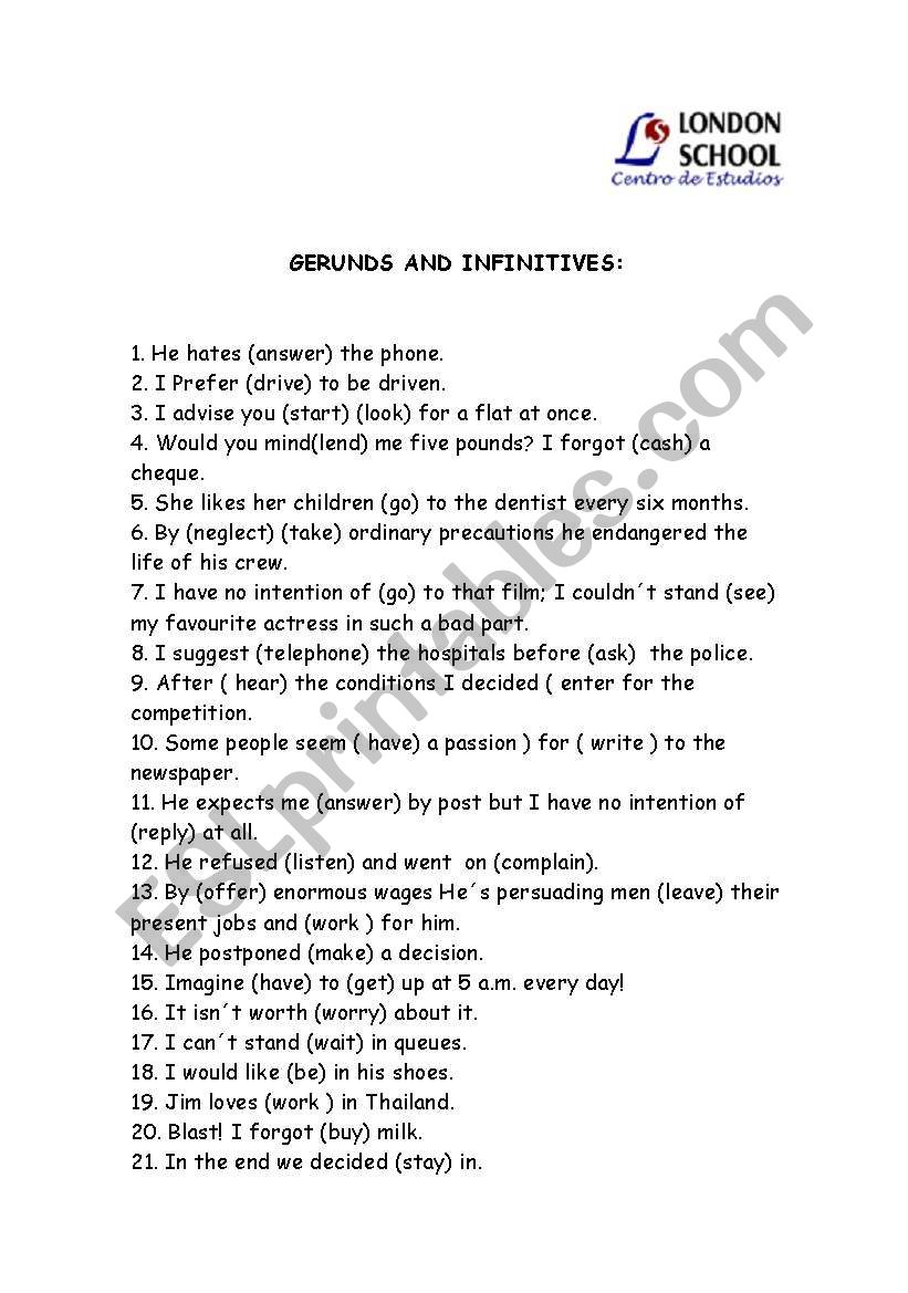 Gerunds and Infinitives worksheet