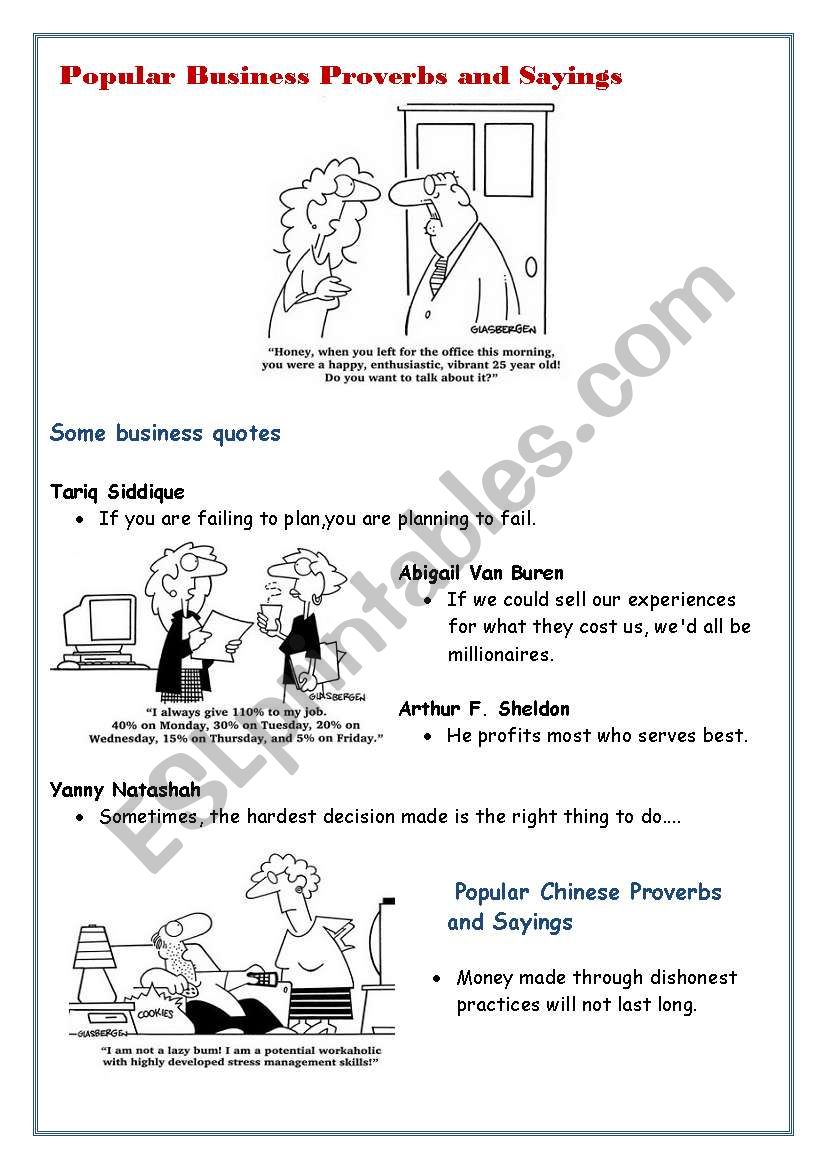 Popular business sayings and proverbs: fun with reading activity list