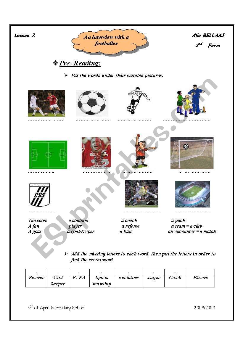 football worksheet