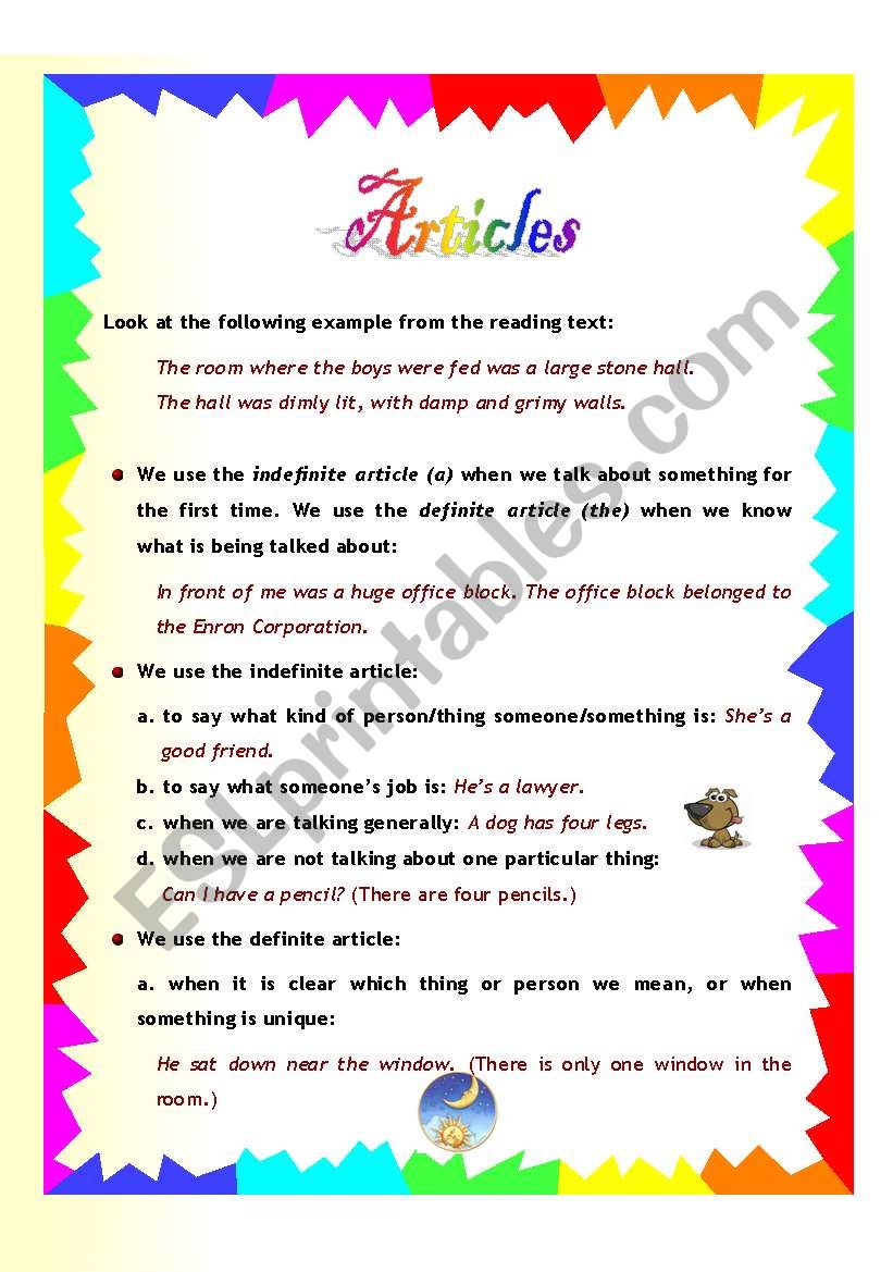 Articles worksheet